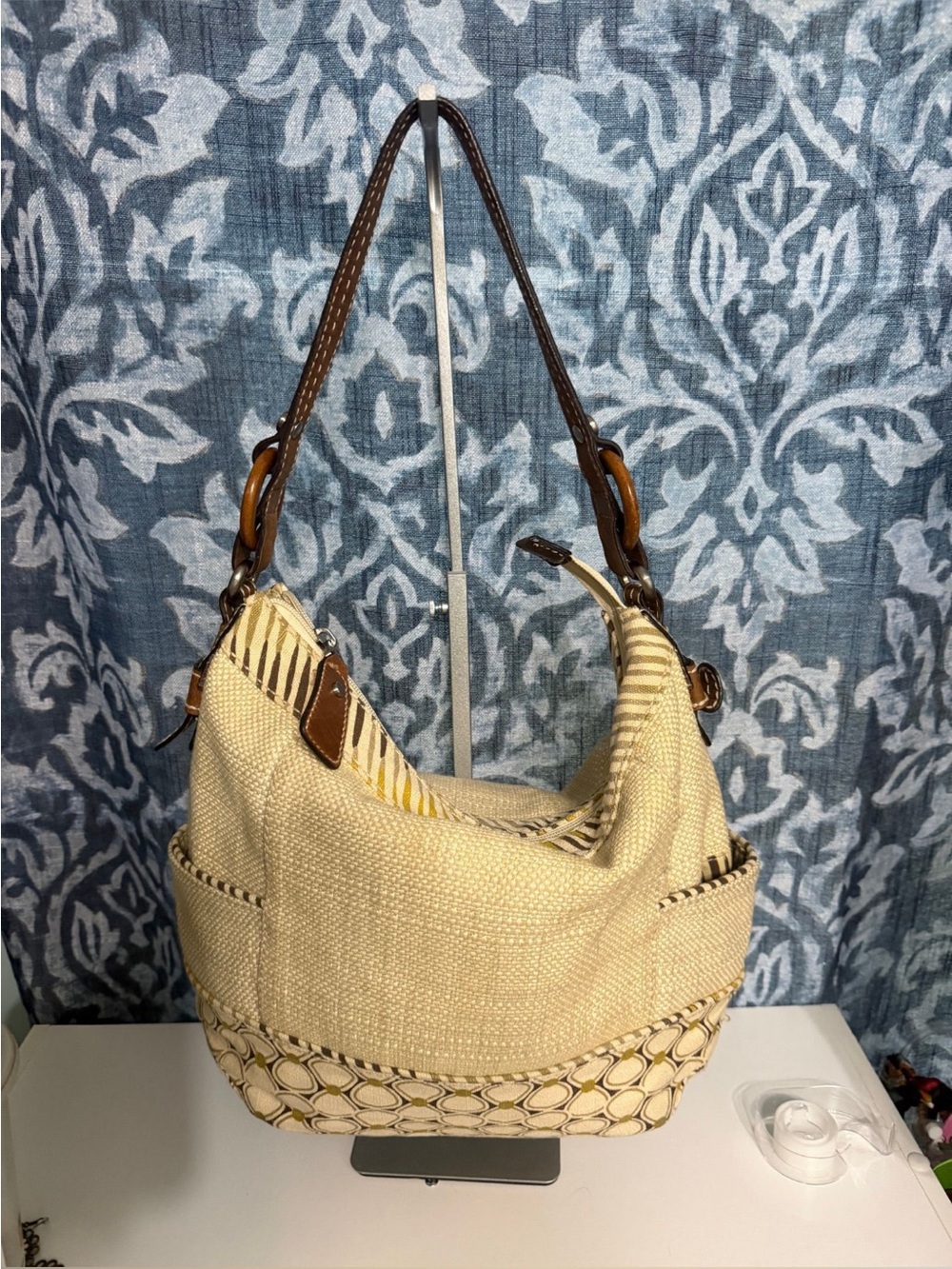 Fossil Cream Canvas Hobo Shoulder Bag with Brown Trim